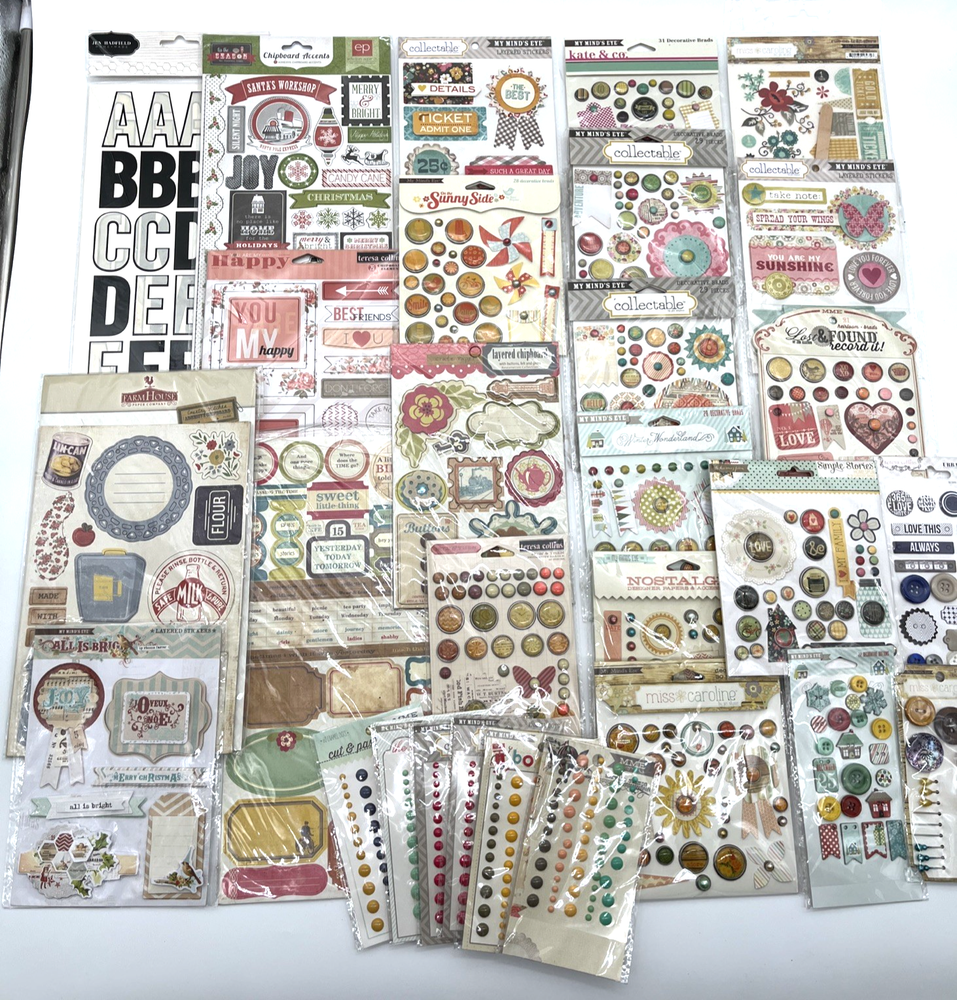 Large Scrapbooking Embellishments Lot NEW Stickers Brads Ephemera Mixed Brands