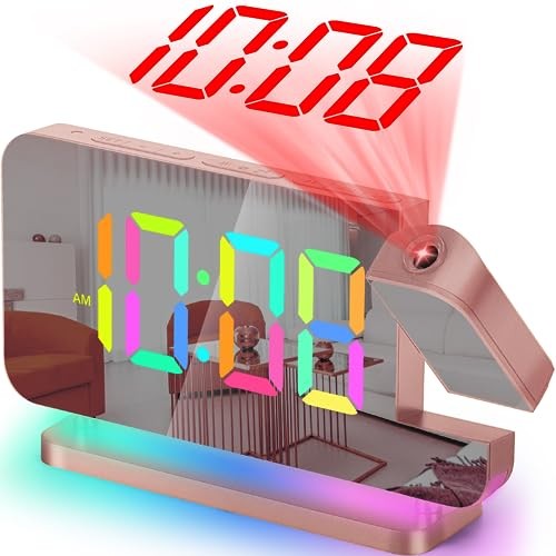 Projection Alarm Clock,7.4 in LED Mirror Digital Clocks Projection Rose Gold
