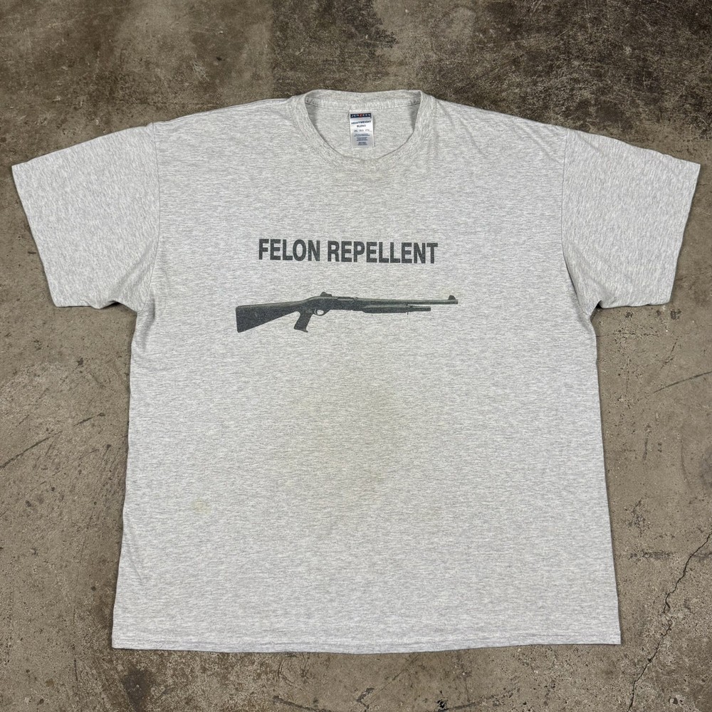 Vintage Felon Repellent Shotgun Graphic T Shirt White Y2K Guns Funny Size XXL