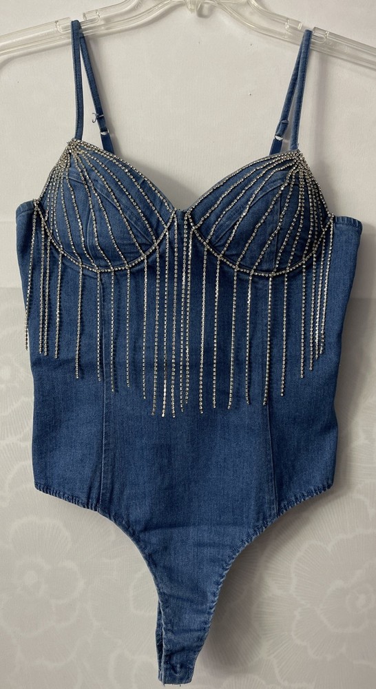 Blashe Womens Small Blue Denim Rhinestone Jeweled Sleeveless Bodysuit NEW! A4771