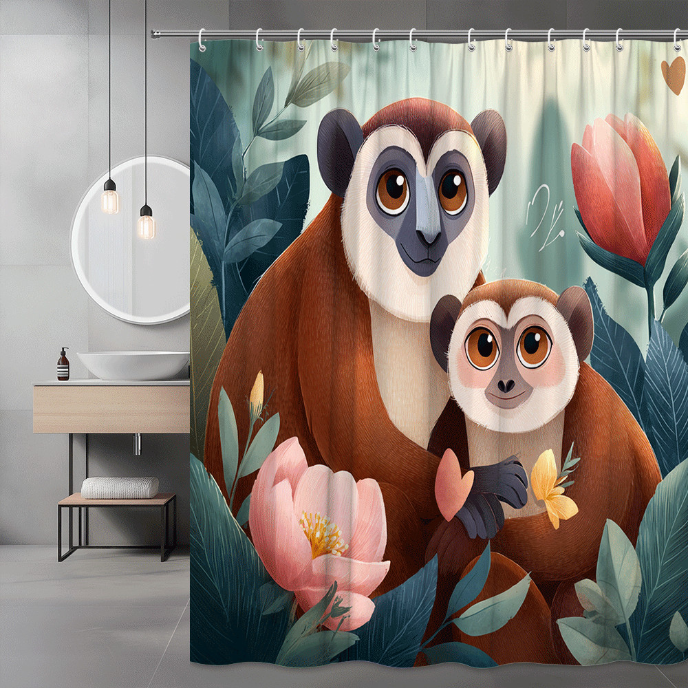 Monkey Floral Shower Curtain, Cute Jungle Animal Print