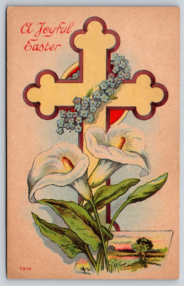 Holiday~A Joyful Easter~Cross W/ Flower Wreath & Calla Lilys~Vintage Postcard