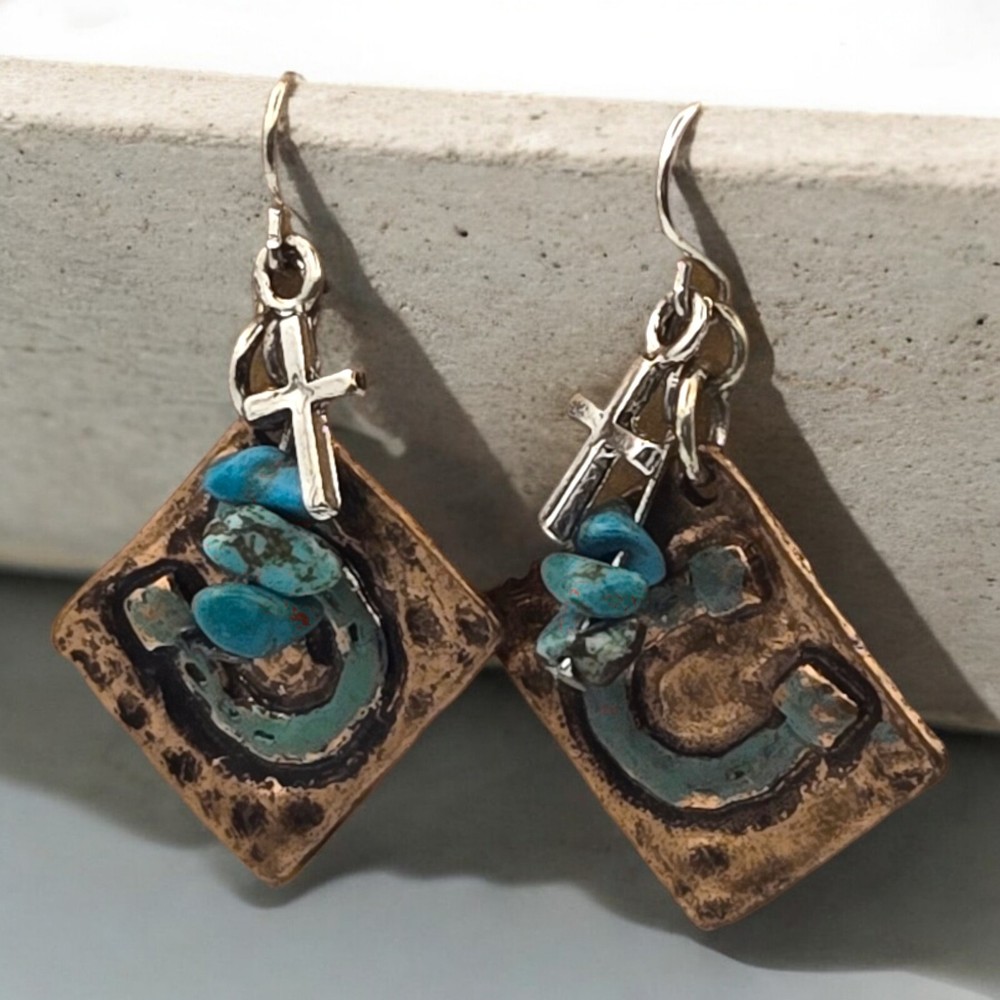 Horseshoe Square Copper back With  Dangling Cross 1.75 inch