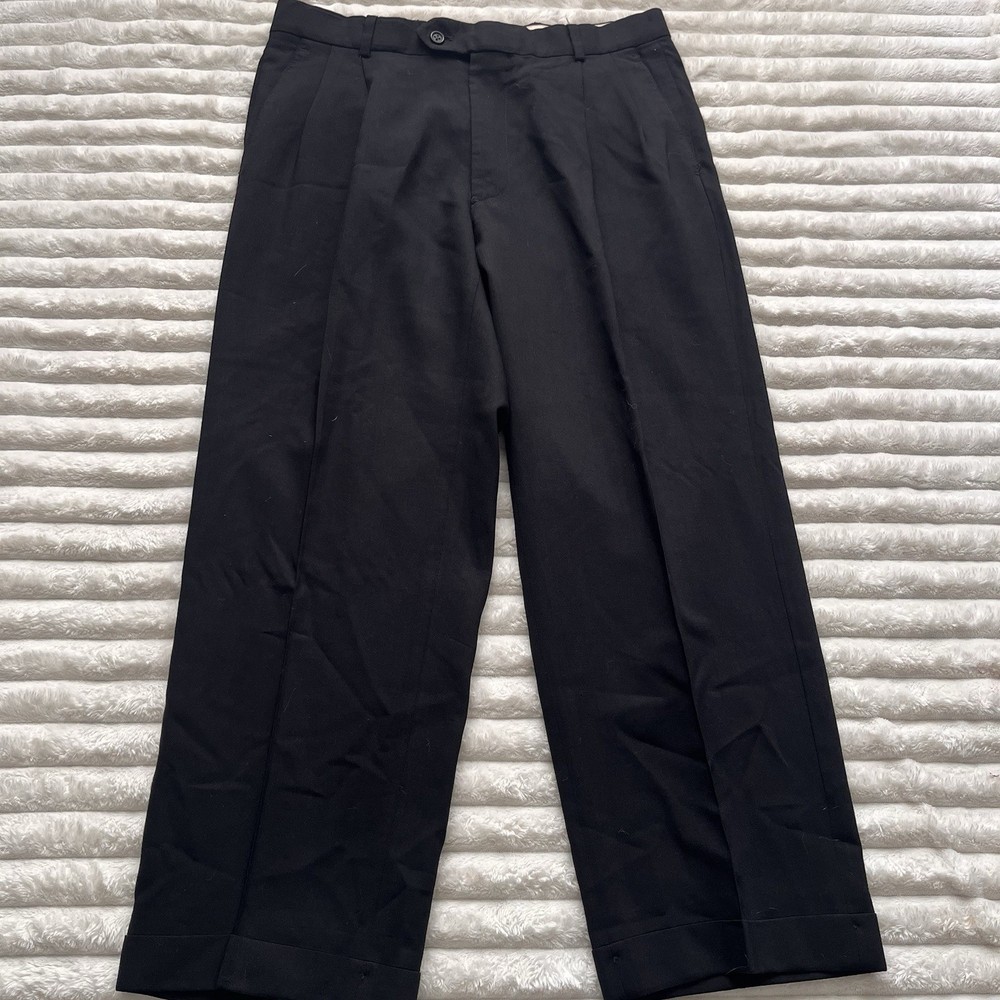 Pronto Uomo Dress Pants Mens Size 32 Black Pleated Wool Cuffed Regular Fit