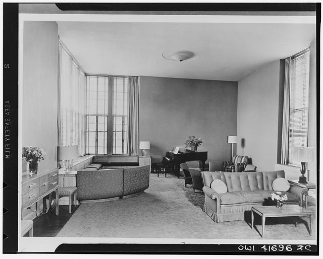 1930s Modernist Living Room Interior Piano Large Windows Armchairs Sofa