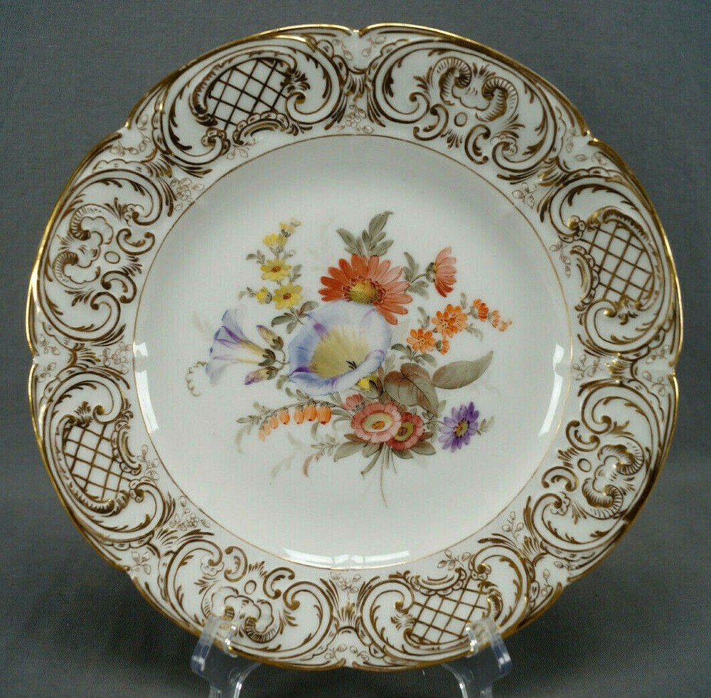 KPM Berlin Hand Painted Floral Relief Molded Gold Scrollwork 10 1/2 Inch Plate E