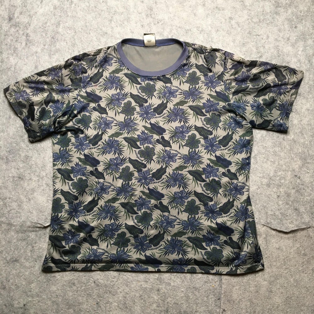 Vintage Patagonia Capilene Shirt Mens XL Gray Blue Tropical Floral Made USA 90s