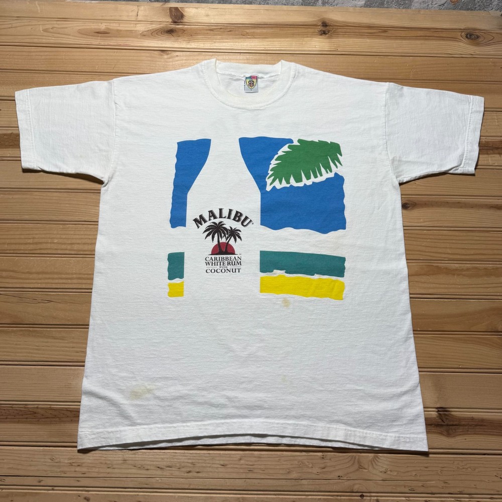 Vintage 90s Malibu Caribbean White Rum Coconut Barbados Beach T-Shirt - Large