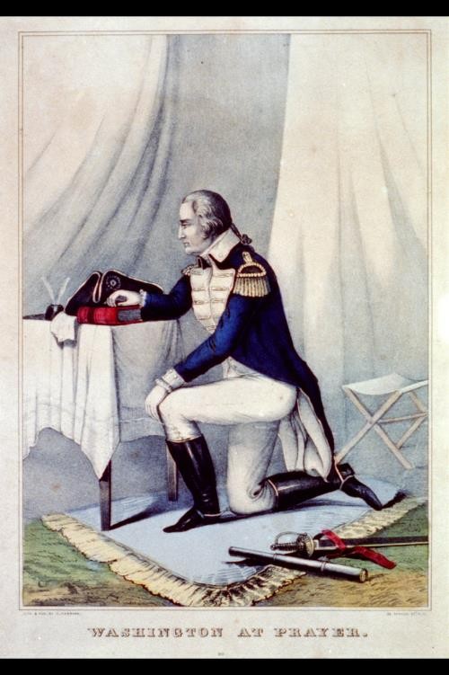 George Washington at prayer,1840-1860,Currier & Ives Photo,kneeling,table