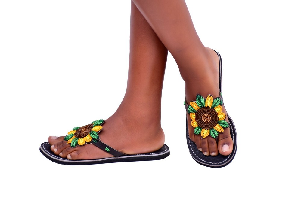Beaded Women Africa Slipper Sandals Boho Summer Leather Masai Kenya Sunflower
