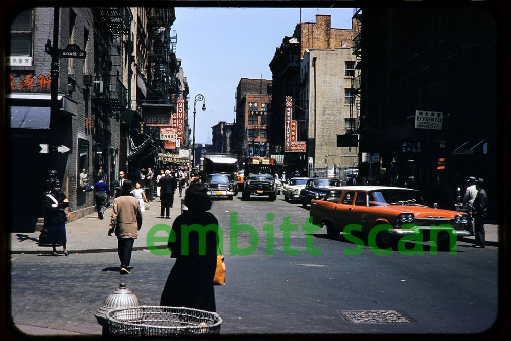 Original Slide, 1950s New York City NYC Street Scene, Mott St. & Bayard St.