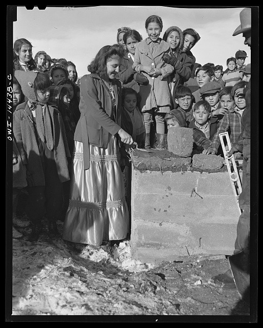 Penasco New Mexico 1943 Clinic Cornerstone Adobe Laying Children Crowd