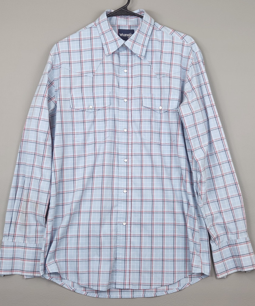 Wrangler Western Mens M Blue Shirt Plaid Pearl Snap Cowboy Long Sleeve
