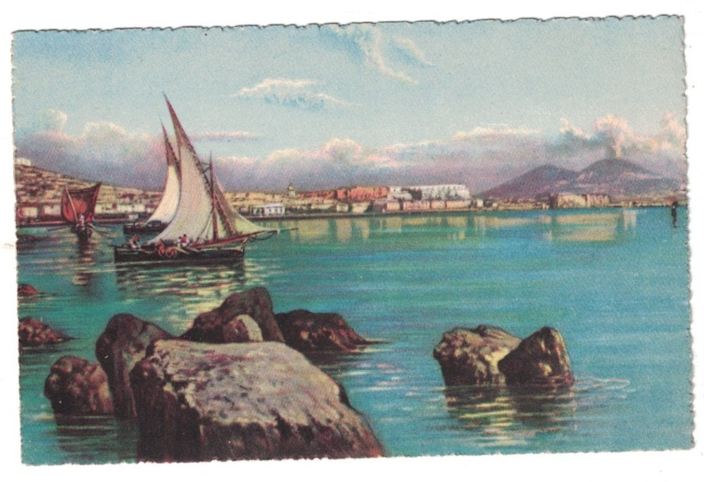Antique Panorama Preso Da Margellina Roma Rome Italy Sailboat Volcano Postcard