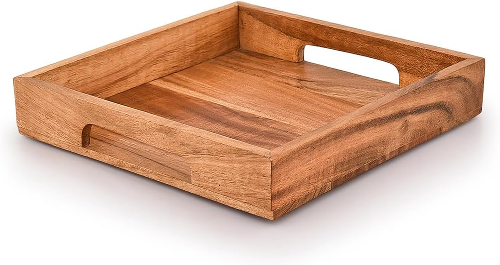 Acacia Wood Serving Tray with Handles - Durable Snack and Breakfast Tray-image