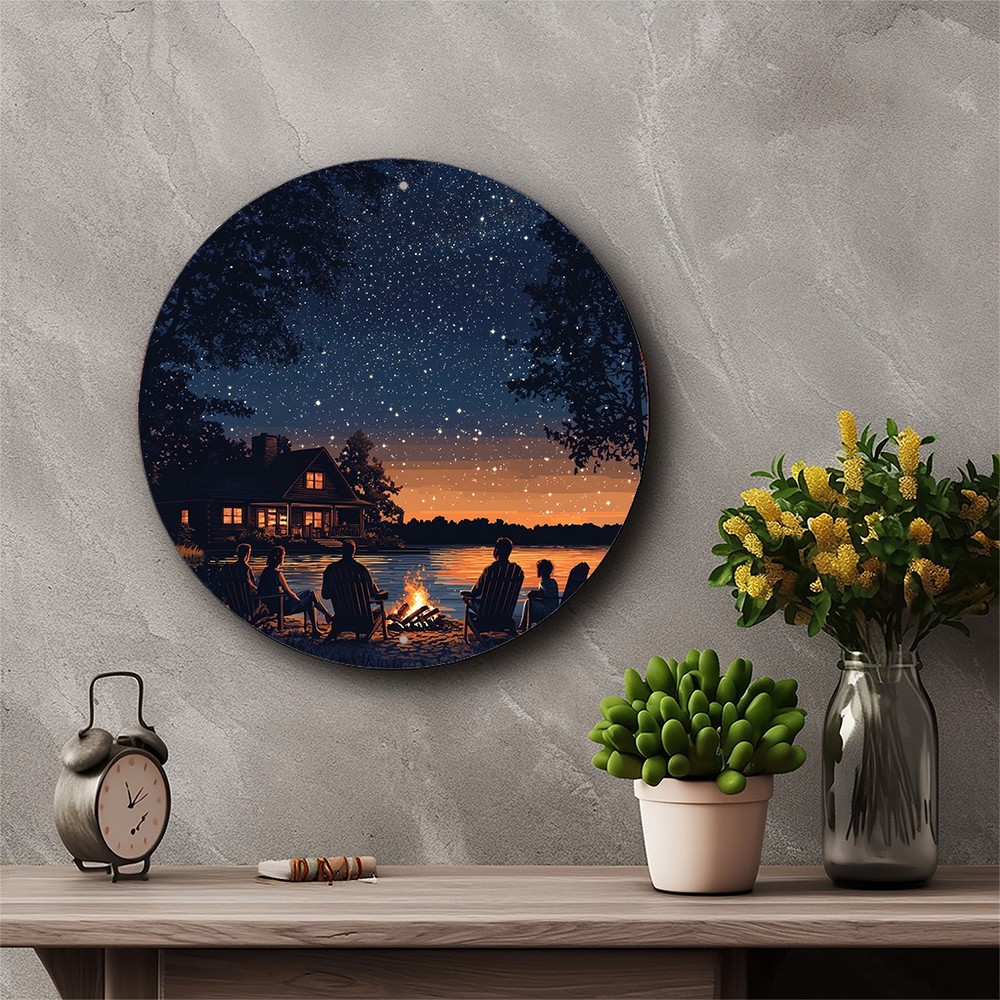 Vintage Lake Cabin Starry Night Round Metal Wall Art