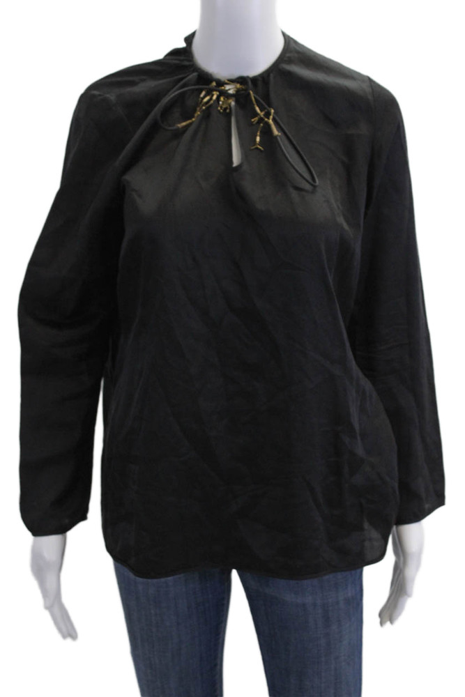 Maskit Womens Cotton Long Sleeve Y-Neck Blouse Top Solid Black Size LFree Shipping in US $100+ Orders | $6.95 Orders Below