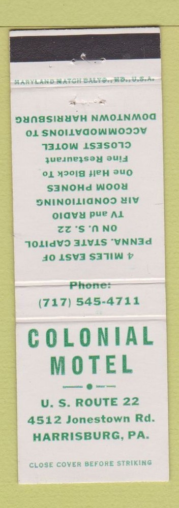 Matchbook Cover - Colonial Motel Harrisburg PA