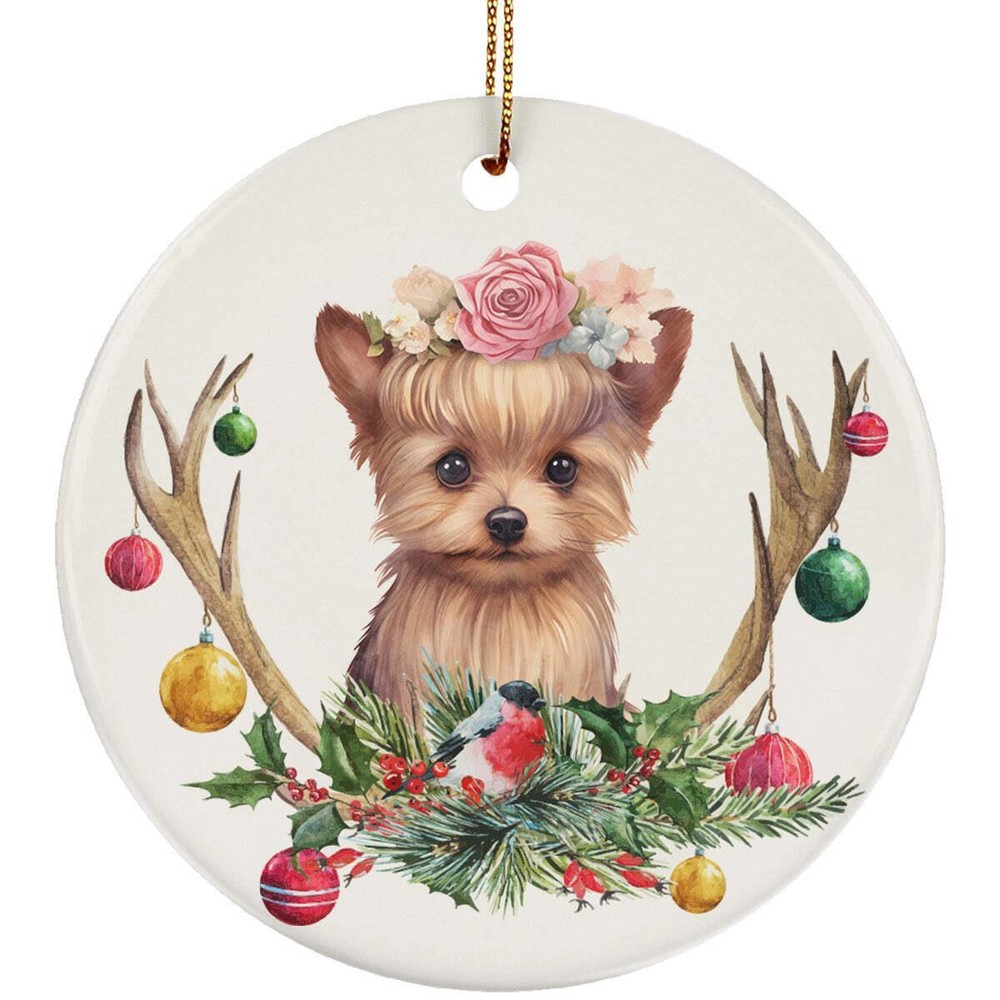 Yorkshire Terrier Puppy Dog Deer Anlters Christmas 2024 Ornament Ceramic Gift