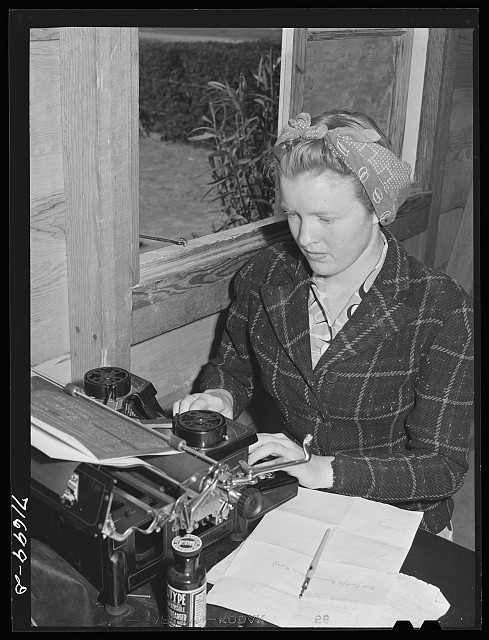 Tulare County California 1942 Farm Workers Camp Woman Using Typewriter