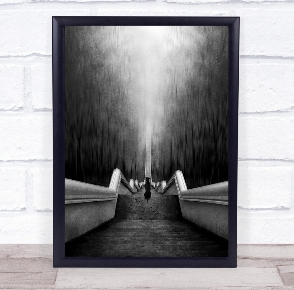 Eerie black and white waiting dog on stairs wall art print