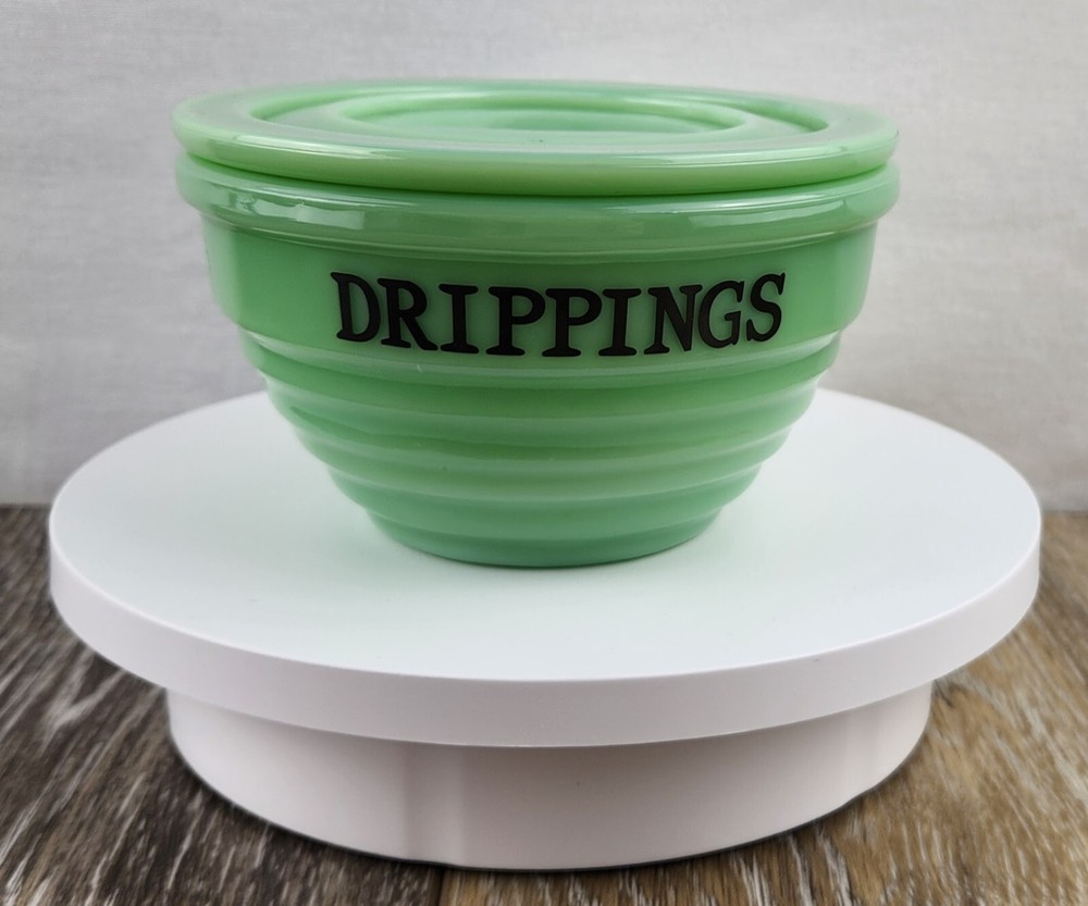 Jadeite Green Milk Glass Drippings Bowl with Lid - Vintage Kitchenware Decor  