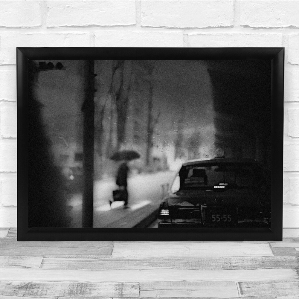Rain Car Street Taxi Umbrella Walking Rainy Wall Art Print
