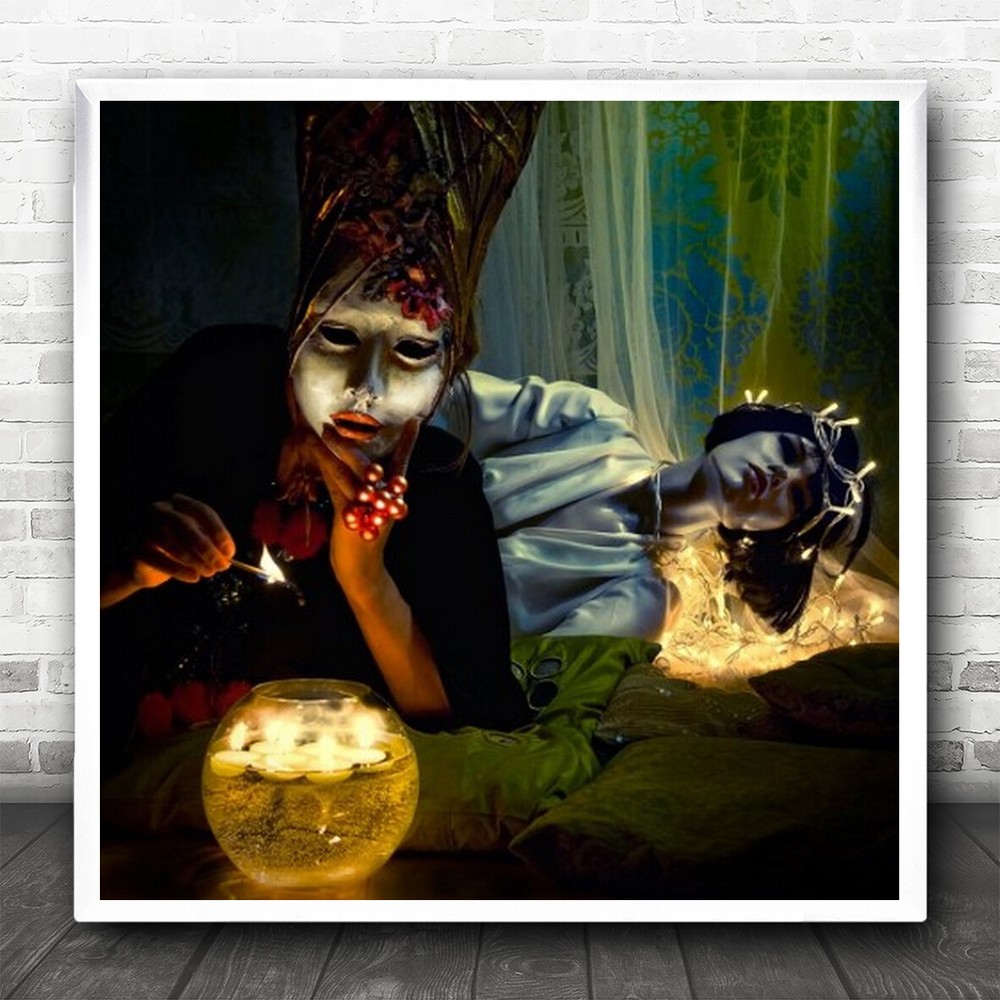 Surreal Fantasy Masked Person Candles Wall Art Print Decor