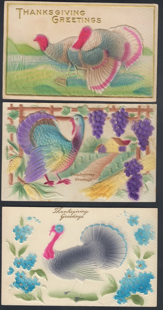 3 Embossed Thanksgiving Postcards - Vintage Unbranded Designs  