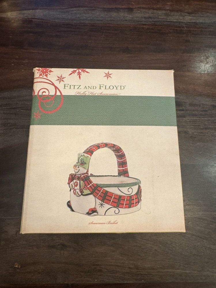 Fitz and Floyd Holly Hat Snowman Basket Candy Dish Christmas Ceramic Vintage