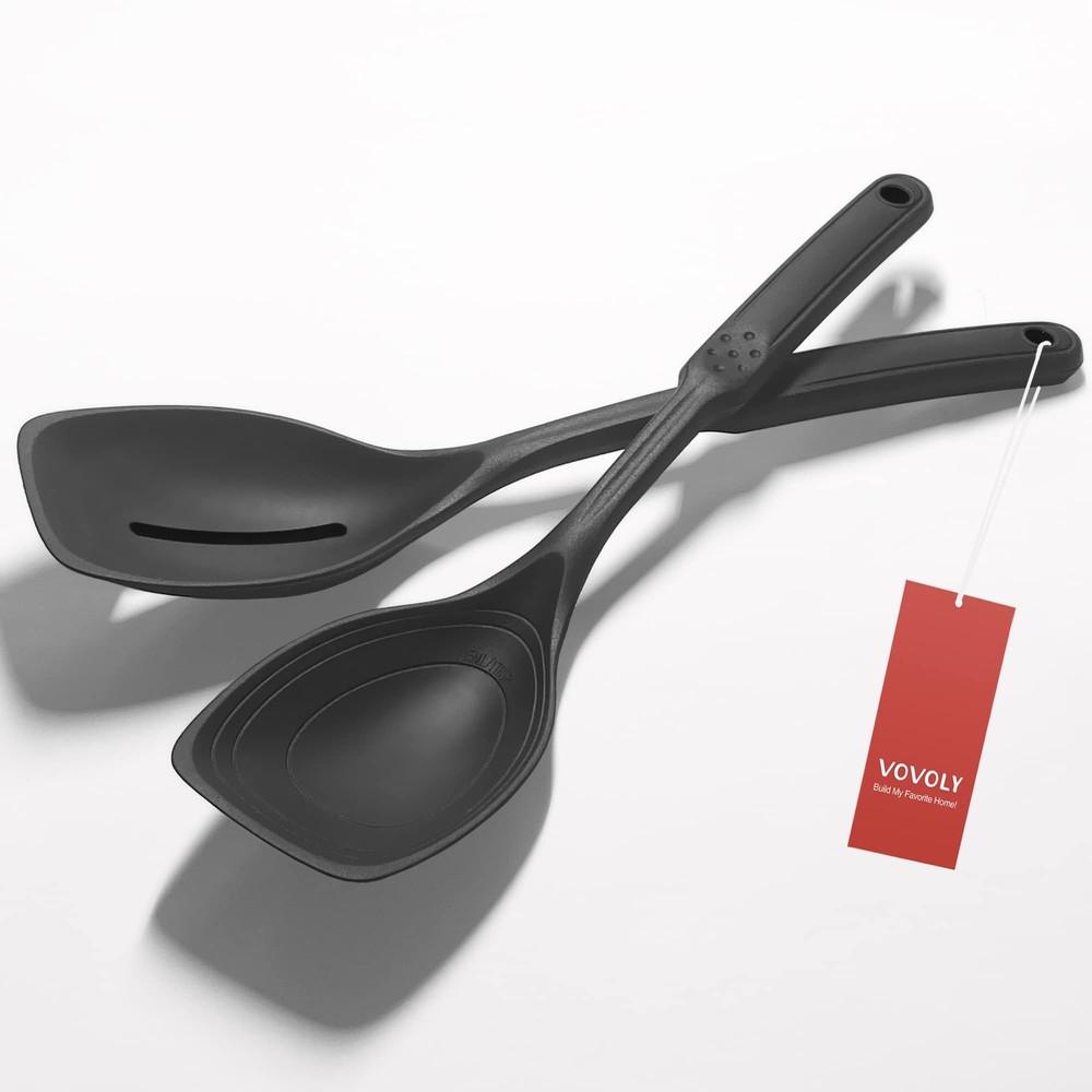 2 Pack Large Silicone Cooking Spoon, Non-Stick Slotted and Solid Spoon set wi...