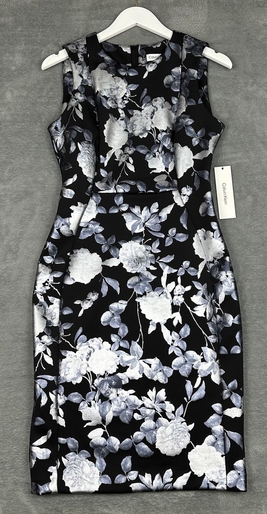 Calvin Klein Dress Womens 6 Black Silver Floral Stretch Scuba Knit Sheath NEW