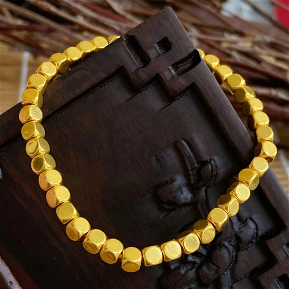 Pure 999 24K Yellow Gold Men Women  3D 4mm Square Beads Bracelet