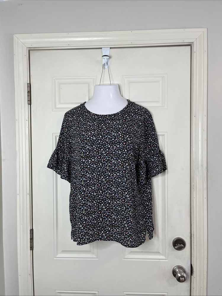 Loft Women's Size Large Multicolor Floral Polyester Short Ruffled Sleeve Top