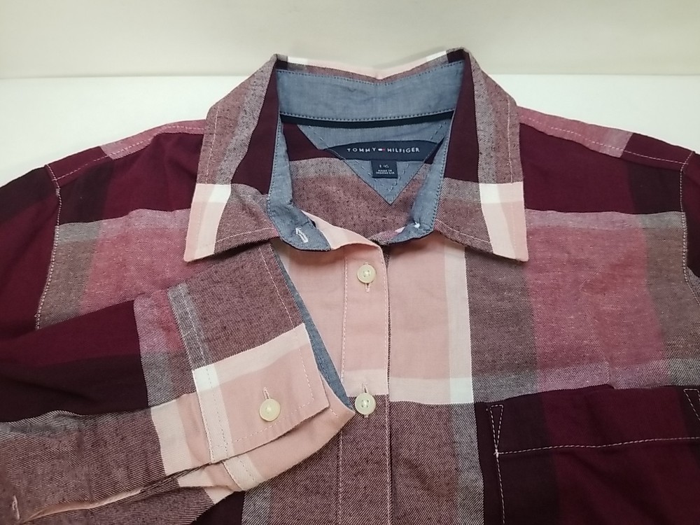 Tommy Hilfiger Womens Large Plaid Roll Tab Long Sleeve Button Flannel Up Shirt