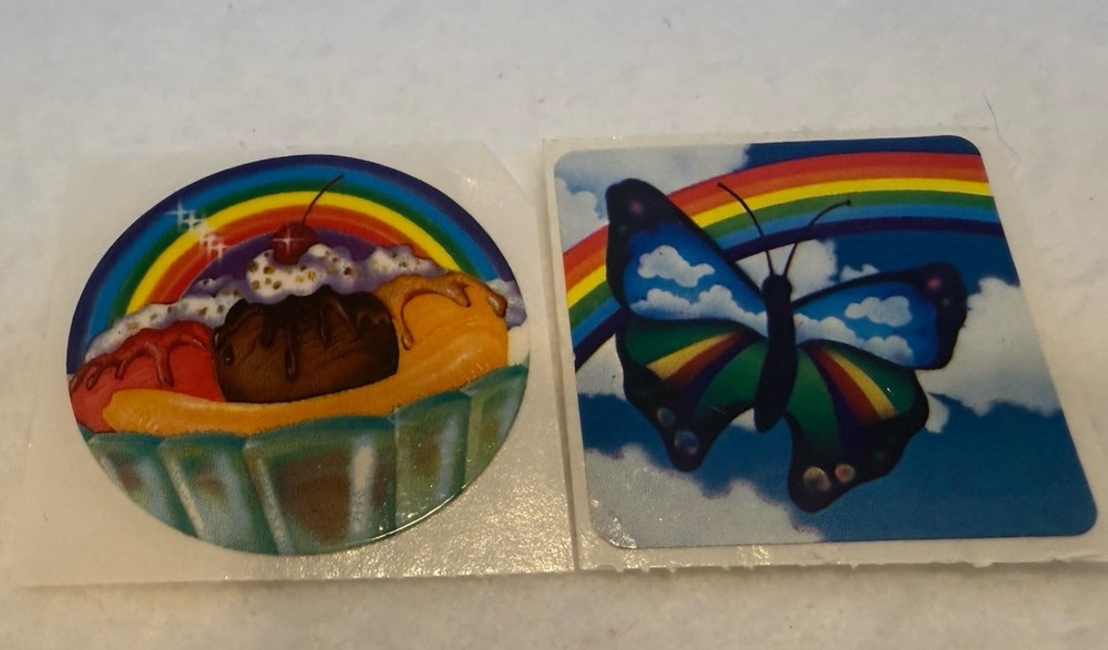 VTG Lisa Frank 80s 2 Stickers Rainbow Cupcake & Rainbow Butterfly
