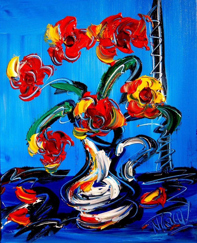 FLOWERS BLUE RED by Mark Kazav  Abstract Modern CANVAS Original Oil PDFHT MJJ