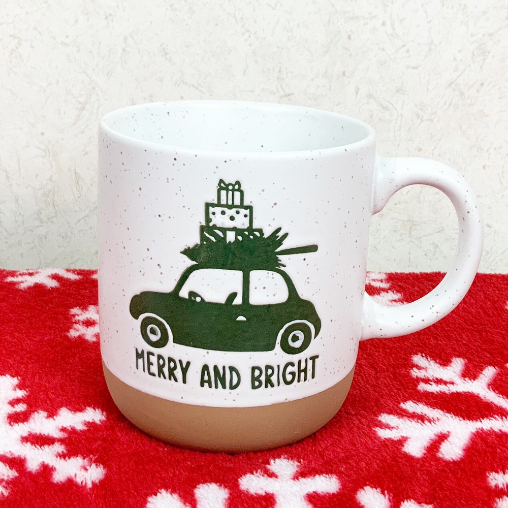Merry And Bright Speckled Christmas Coffee Mug 17 Oz Car Tree Terra Cotta Bottom
