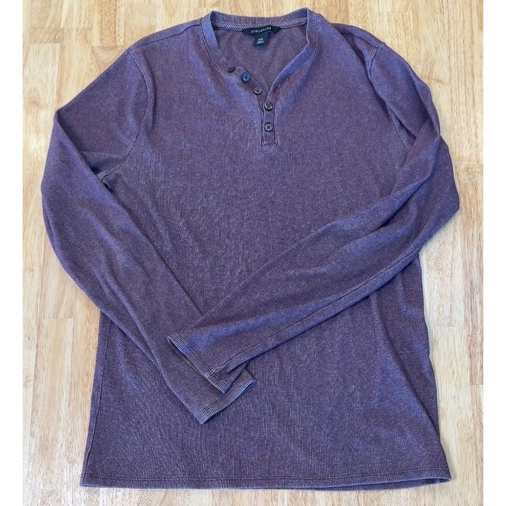 STRUCTURE Mens Long Sleeve Ribbed Henley Shirt Purple M Medium Cotton Blend