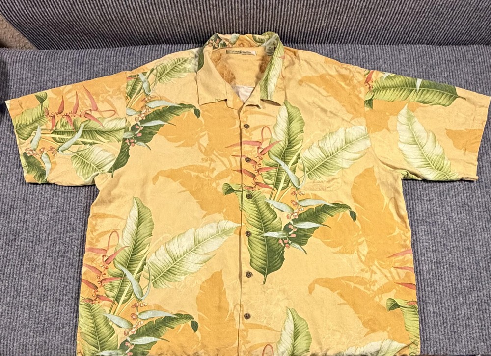 Tommy Bahama Shirt Mens 2XL Hawaiian Tropical Floral Silk Camp Button Up Orange