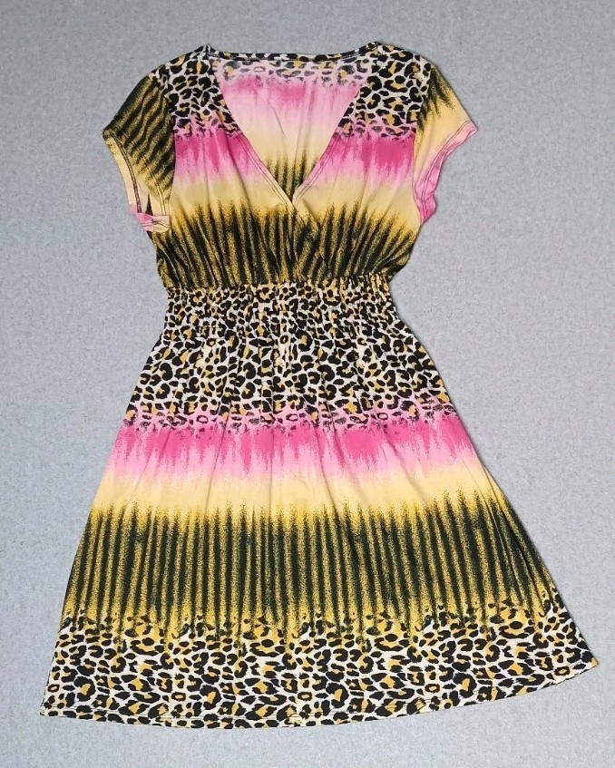 Midi Tie Dye Leopard Print Dress Womens Size Small Short Sleeve Stretch...