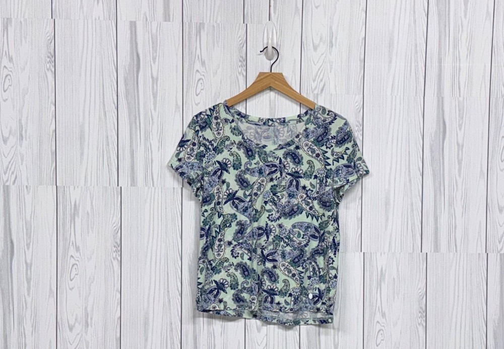 Talbots t shirt womens size large petite short sleeve white patterned floral
