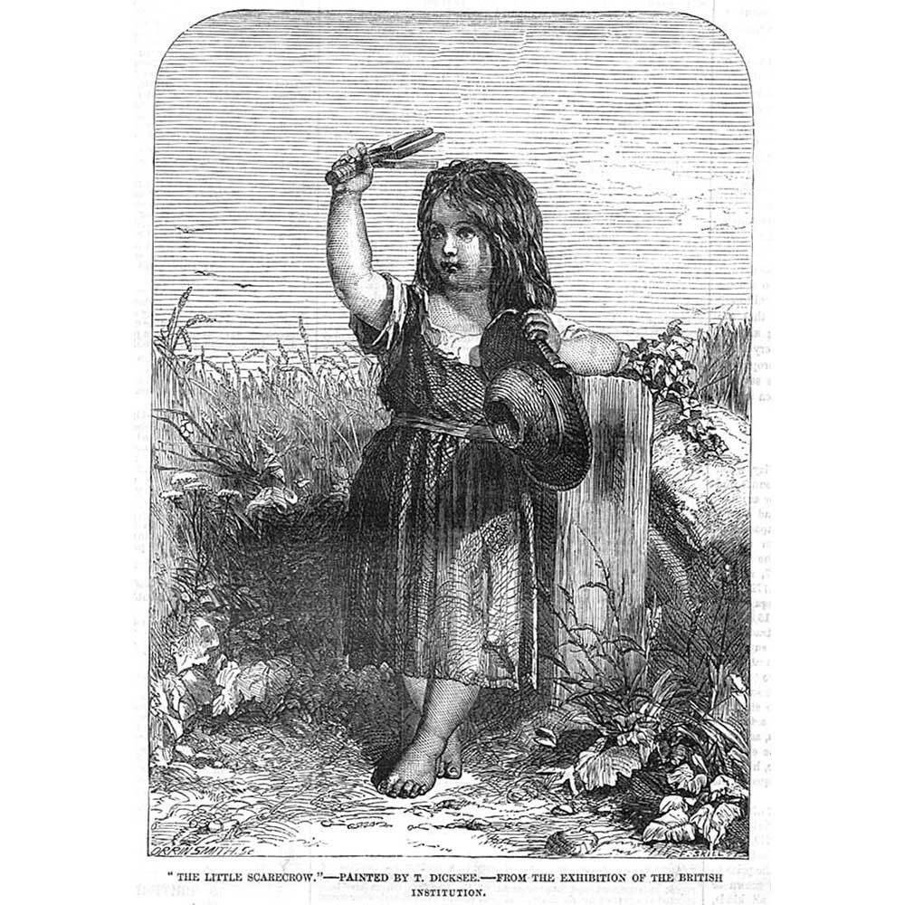 FINE ART Little Scarecrow Barefoot Small Girl Scaring Birds - Antique Print 1857