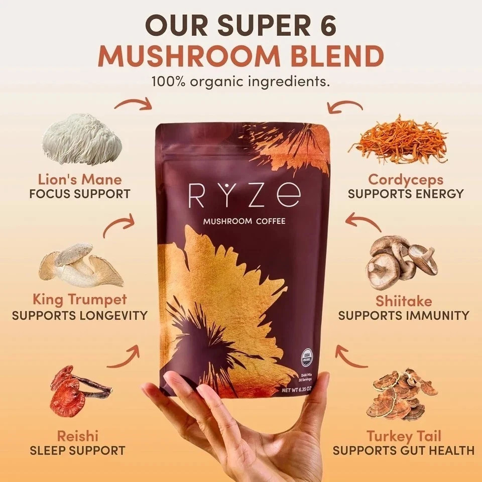 2026 RYZE USDA Organic Mushroom Coffee Blend with 6 Adaptogens NEW