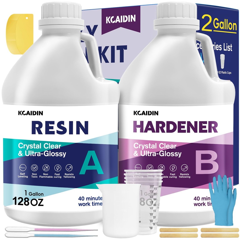 Epoxy Resin 2 Gallon Kit - Crystal Clear Self-Leveling Bubble-Free Resin with Hardener