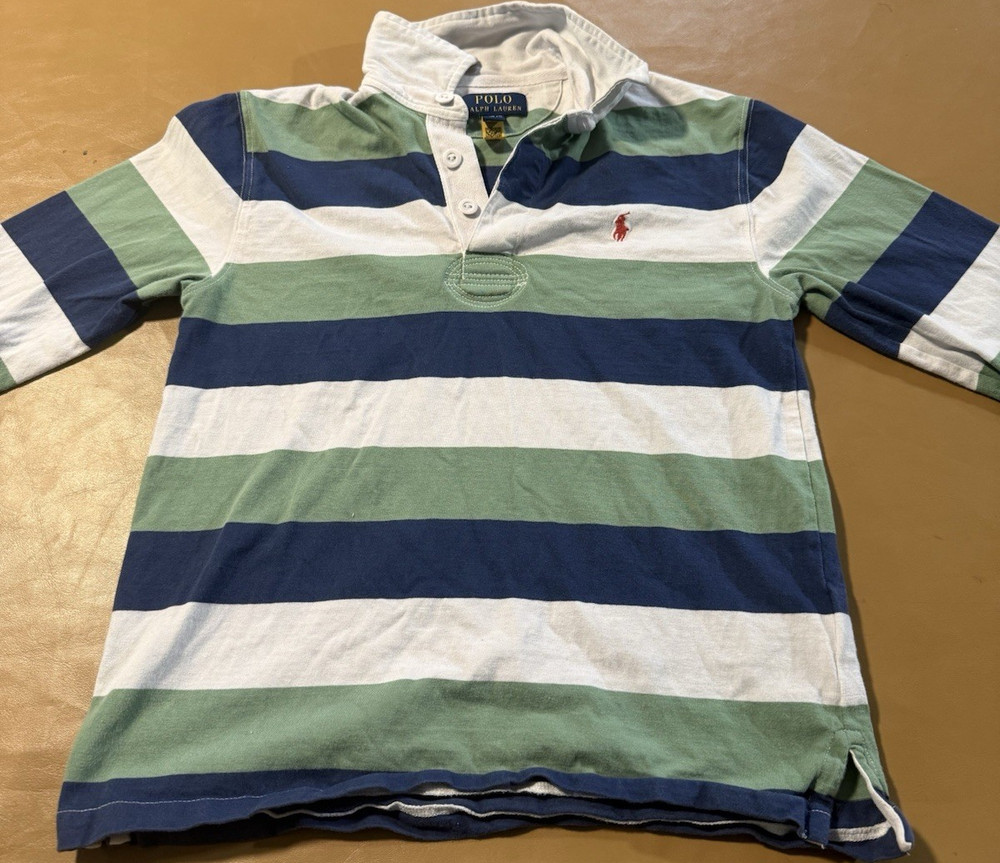 Polo Ralph Lauren Boys M (10-12) Striped Long Sleeve Polo Shirt Green Blue