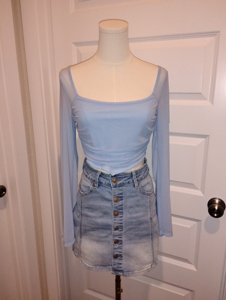 SHEIN Women's Blue Sheer Ruched Mesh Square Neck Long Sleeve Cropped Top M