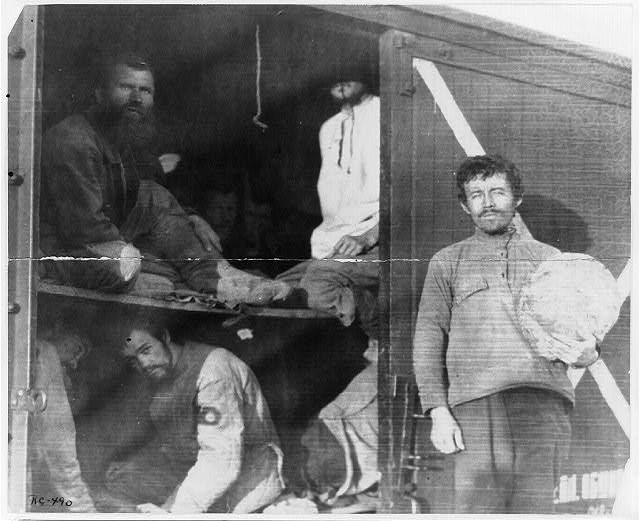 Siberia Russia 1919 Bolshevik Prisoners in Boxcar Train Car Red Cross