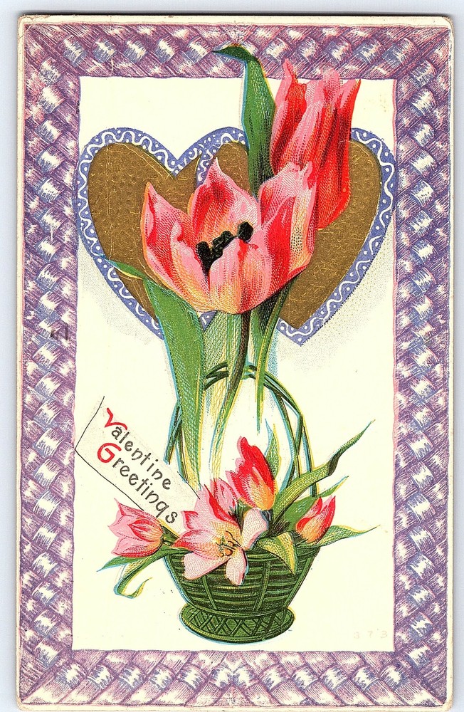 C1910 Postcard Valentine Greetings Basket of Flowers Heart Embossed LaCrosse WI