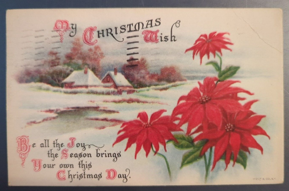 My Christmas Wish Poem Snowy Winter Scene Poinsettias Antique 1921 Postcard